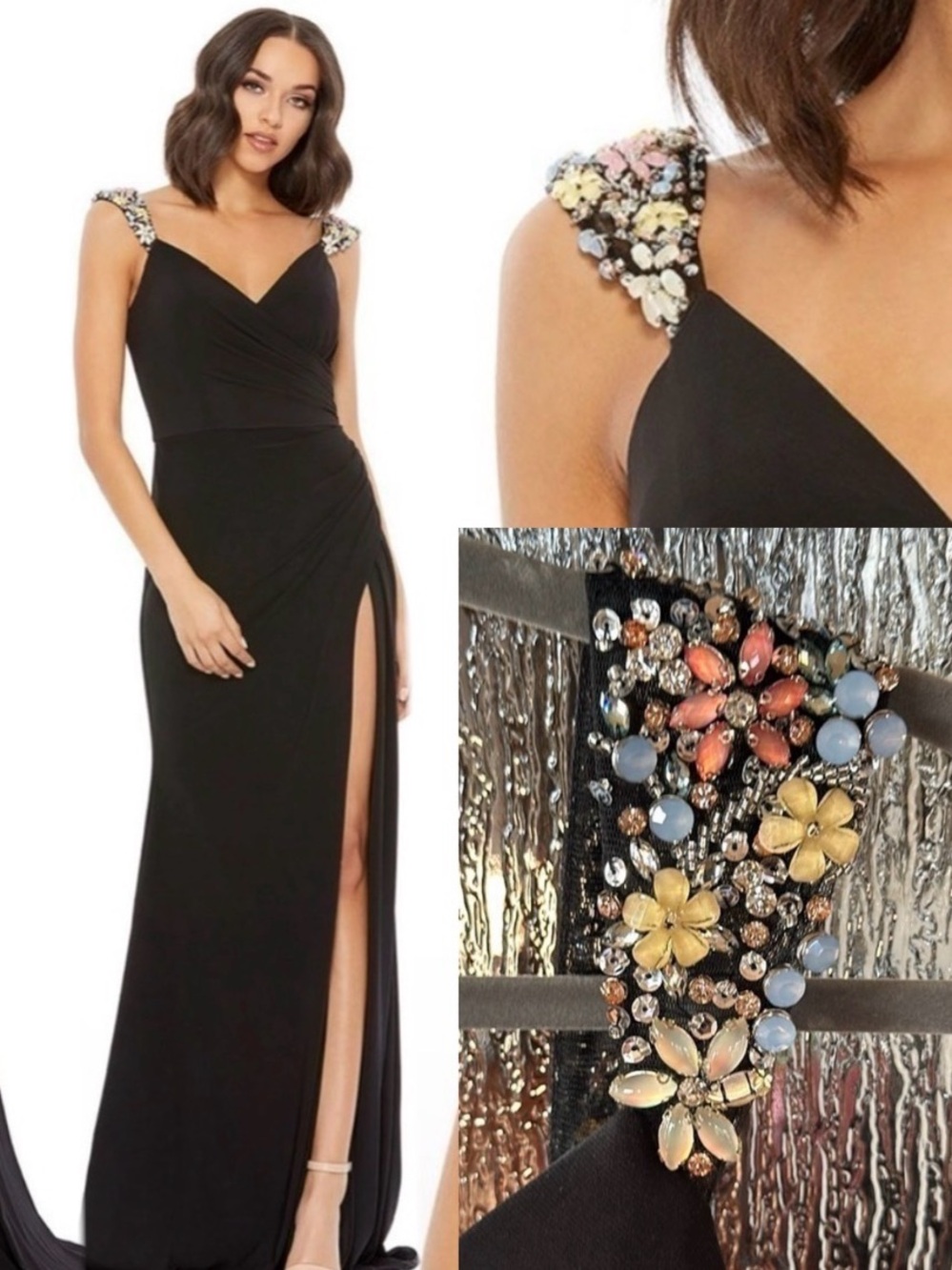 Mac Duggal Floral Strap High Slit Black Maxi Dress Size 0 Stretch 77830 Formal - Picture 1 of 12
